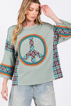 Load image into Gallery viewer, Sage+Fig Solid and Plaid Top with Peace Sign Patch on Front in Autumn Sage
