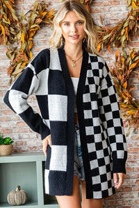 First Love Multi-Checked Pattern Open Front Cardigan in Black Cardigan First Love   