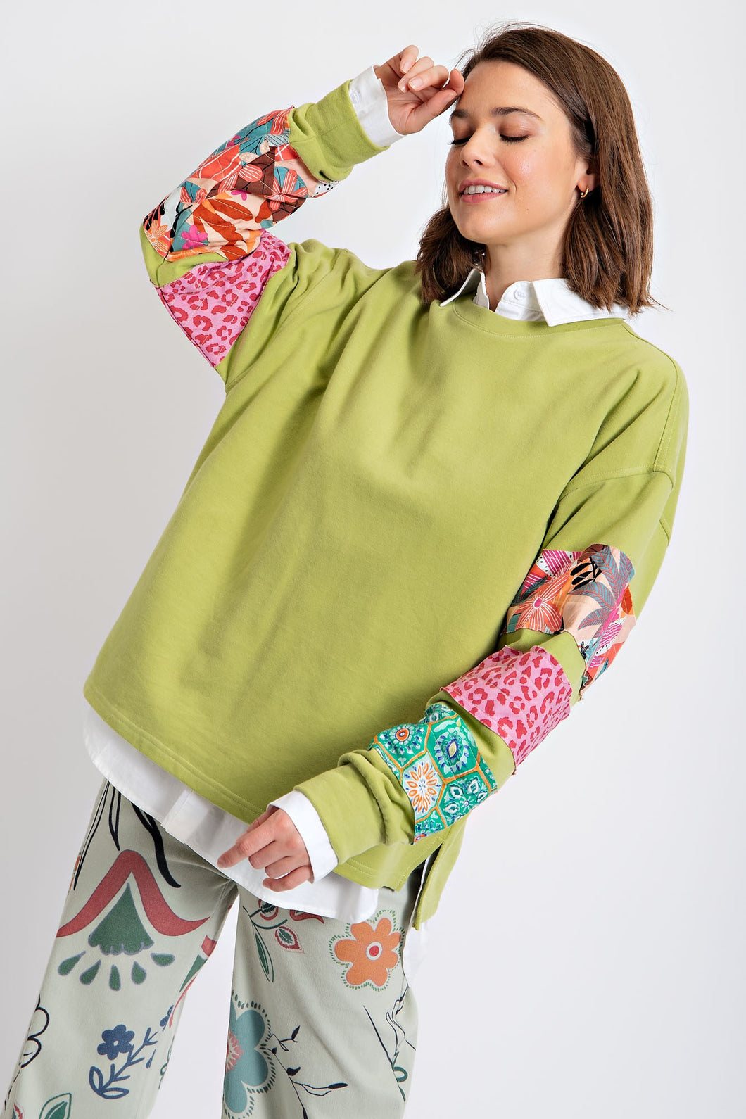 Easel Terry Knit Top with Mixed Print Sleeves in Matcha Latte Shirts & Tops Easel   