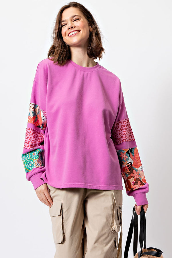 Easel Terry Knit Top with Mixed Print Sleeves in Orchid Shirts & Tops Easel   