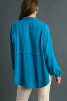 Umgee Contrast Stitching High Low Hem Button Up Top in Teal Blue