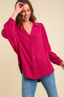 Umgee Contrast Stitching High Low Hem Button Up Top in Ruby
