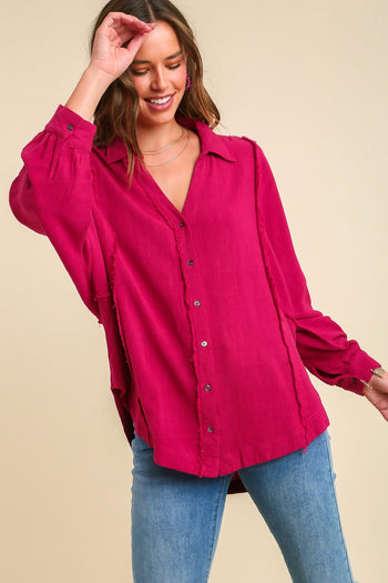 Umgee Contrast Stitching High Low Hem Button Up Top in Ruby