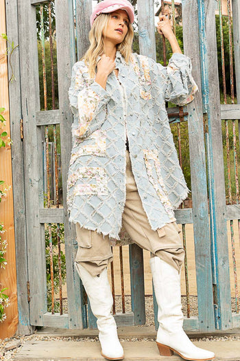 POL Floral Print Frayed Texture Button Down Shacket in Denim Shacket POL Clothing   