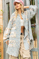 POL Floral Print Frayed Texture Button Down Shacket in Denim Shacket POL Clothing   