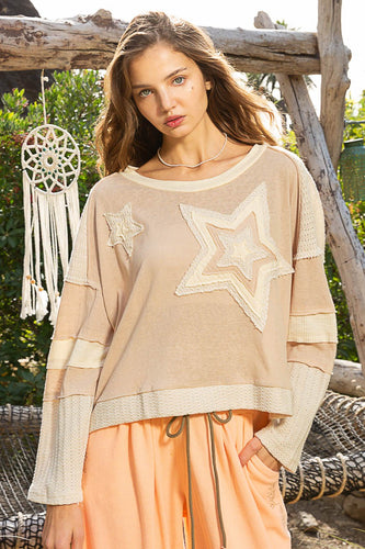 POL CROPPED Star Patch Top in Beige Multi Shirts & Tops POL Clothing   