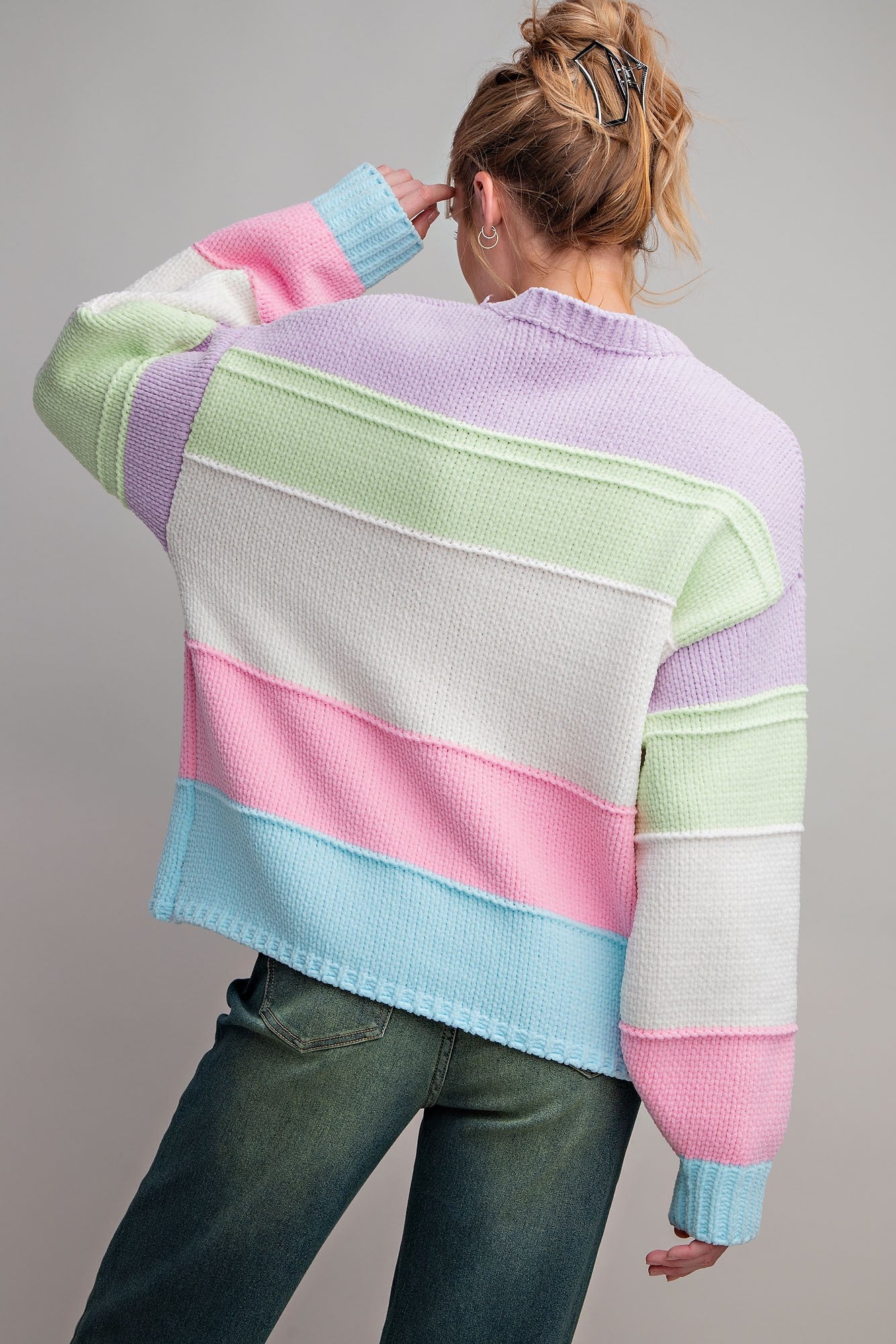 Mint Green and Pink Striped Beige Knit Sweater