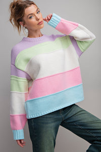 Easel Mixed Color Block Knit Sweater in Lilac Mint Shirts & Tops Easel   