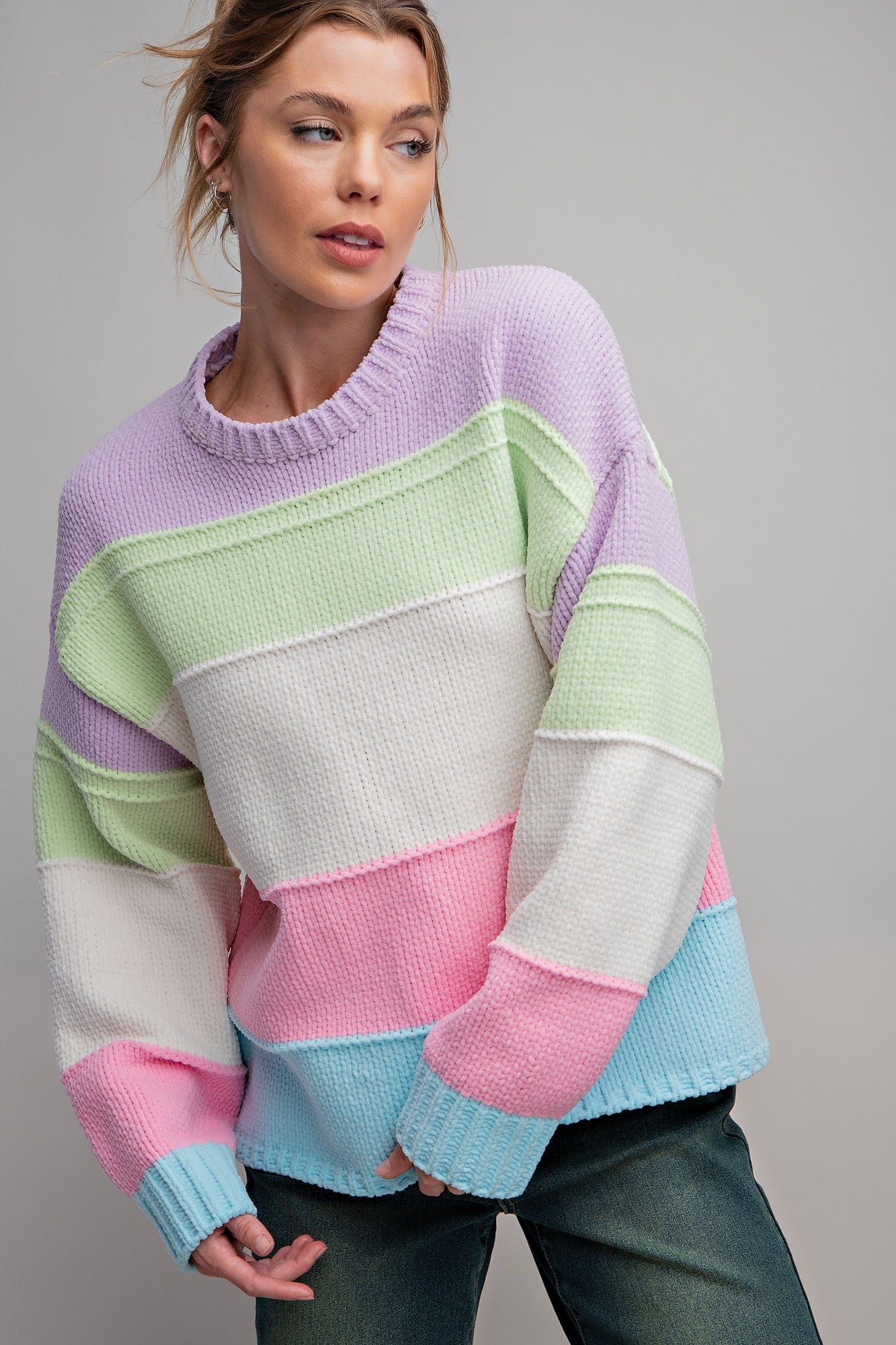 Mint Green and Pink Striped Beige Knit Sweater