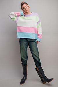 Easel Mixed Color Block Knit Sweater in Lilac Mint Shirts & Tops Easel   