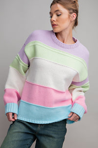 Easel Mixed Color Block Knit Sweater in Lilac Mint Shirts & Tops Easel   