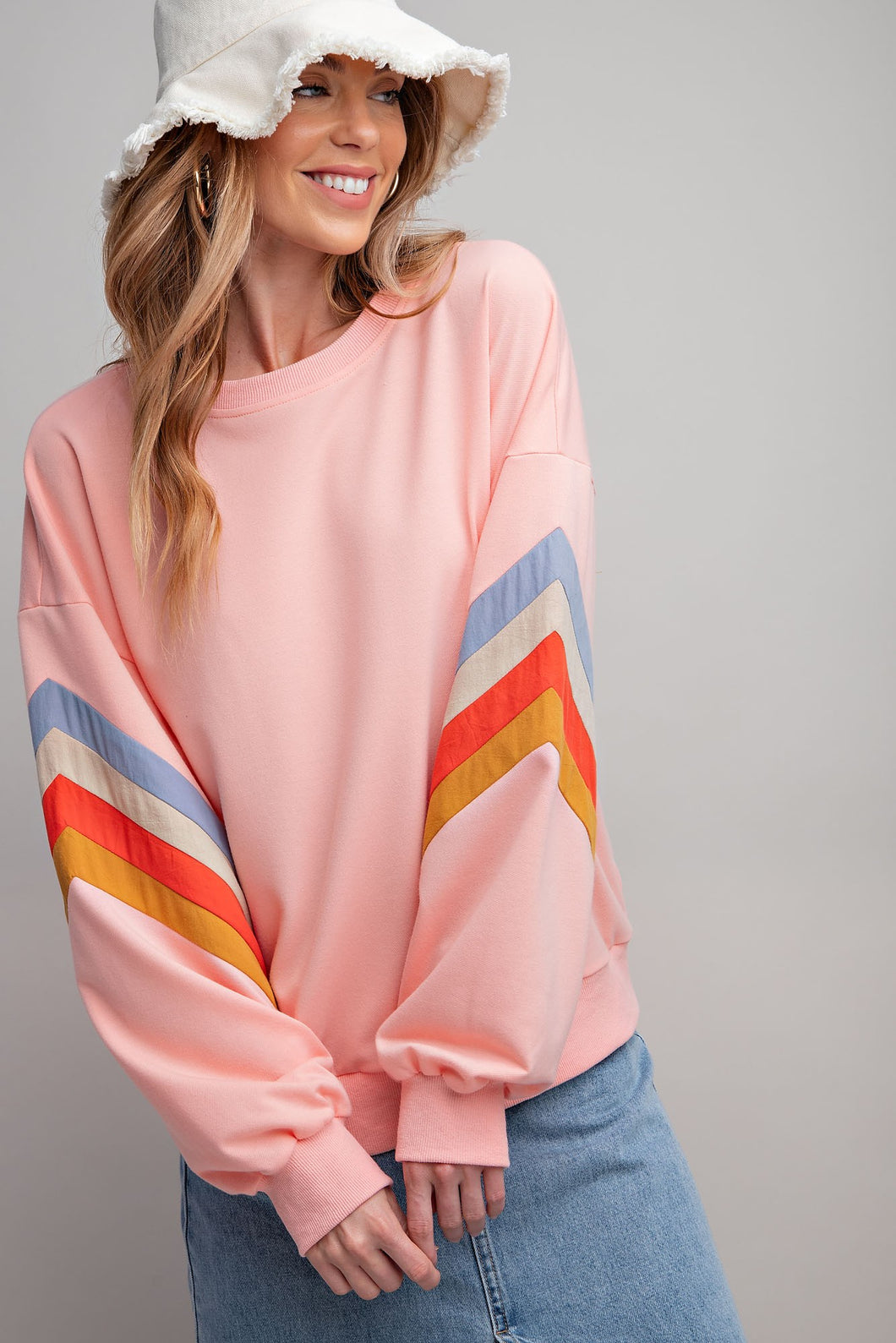 Easel Terry Knit Colorful Blocked Sleeves Top in Peach Shirts & Tops Easel   