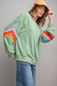 Easel Terry Knit Colorful Blocked Sleeves Top in Sage Shirts & Tops Easel   