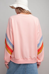 Easel Terry Knit Colorful Blocked Sleeves Top in Peach Shirts & Tops Easel   