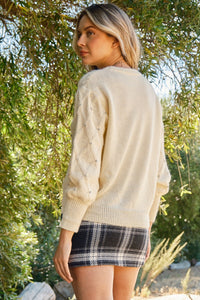 And the Why Textured Diamond Pattern Knit Sweater with Rhinestones in Cream