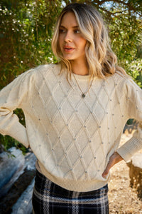 And the Why Textured Diamond Pattern Knit Sweater with Rhinestones in Cream