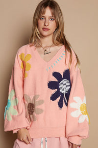 POL Floral Pattern Print Sweater in Pink Lemonade