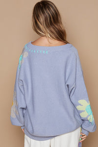 POL Floral Pattern Print Sweater in Evening Blue