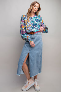 Easel Floral Print Top in Teal Shirts & Tops Easel   