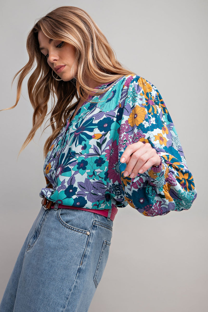 Easel Floral Print Top in Teal – June Adel