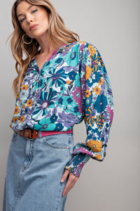 Easel Floral Print Top in Teal Shirts & Tops Easel   