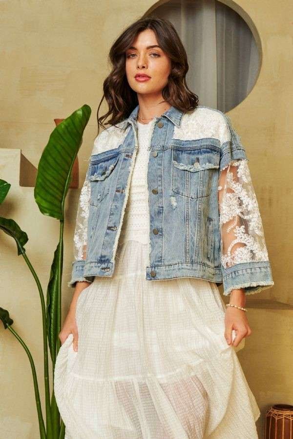 Davi & Dani Distressed Denim and Lace Jacket in Light Denim