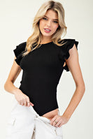 ee:some Solid Color Ribbed Bodysuit with Ruffled Sleeves in Black