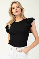 ee:some Solid Color Ribbed Bodysuit with Ruffled Sleeves in Black