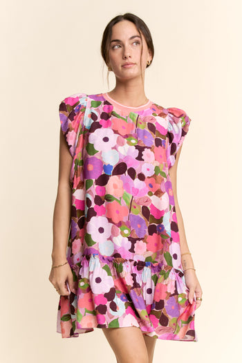 Davi & Dani Ruffle Sleeve Floral Dress in Berry Pink