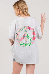 Sage+Fig Cotton Top with Peace Sign Applique on Back in Gray