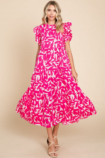 Jodifl Brushstroke Print Tiered Midi Dress in Pink S Jodifl Brushstroke Print Tiered Midi Dress in Pink S