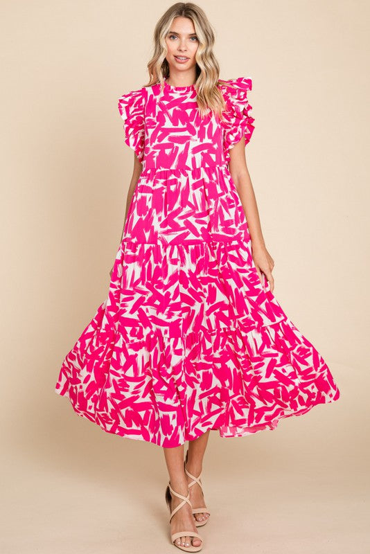 Jodifl Brushstroke Print Tiered Midi Dress in Pink Dresses Jodifl   