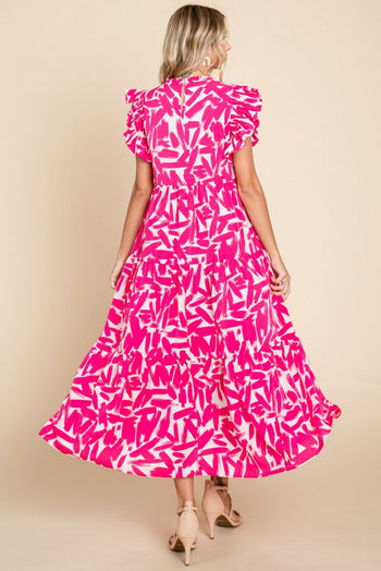 Jodifl Brushstroke Print Tiered Midi Dress in Pink S Jodifl Brushstroke Print Tiered Midi Dress in Pink S