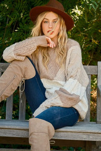 And the Why Color Block Cable Knit Sweater in Taupe Multi