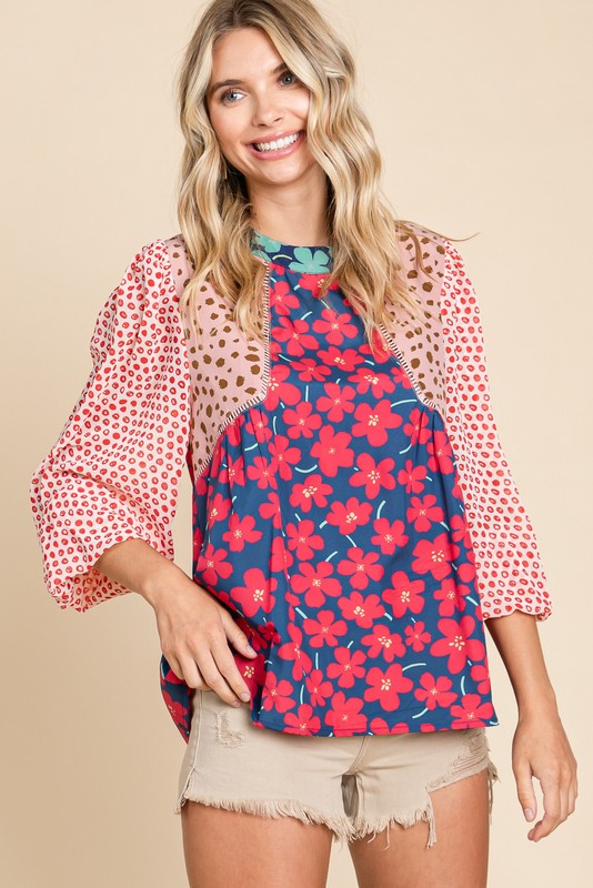 Jodifl Mixed Print Top with Poet Sleeves in Red – June Adel