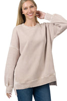 Acid Washed Fleece High Low Hem Pullover Top in Ash Mocha
