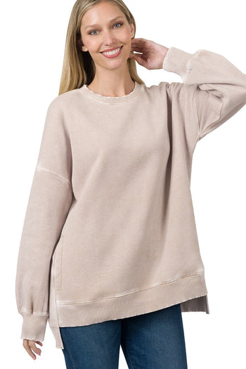 Acid Washed Fleece High Low Hem Pullover Top in Ash Mocha
