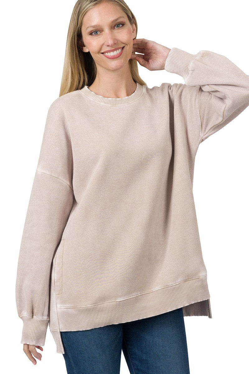 Acid Washed Fleece High Low Hem Pullover Top in Ash Mocha – June Adel
