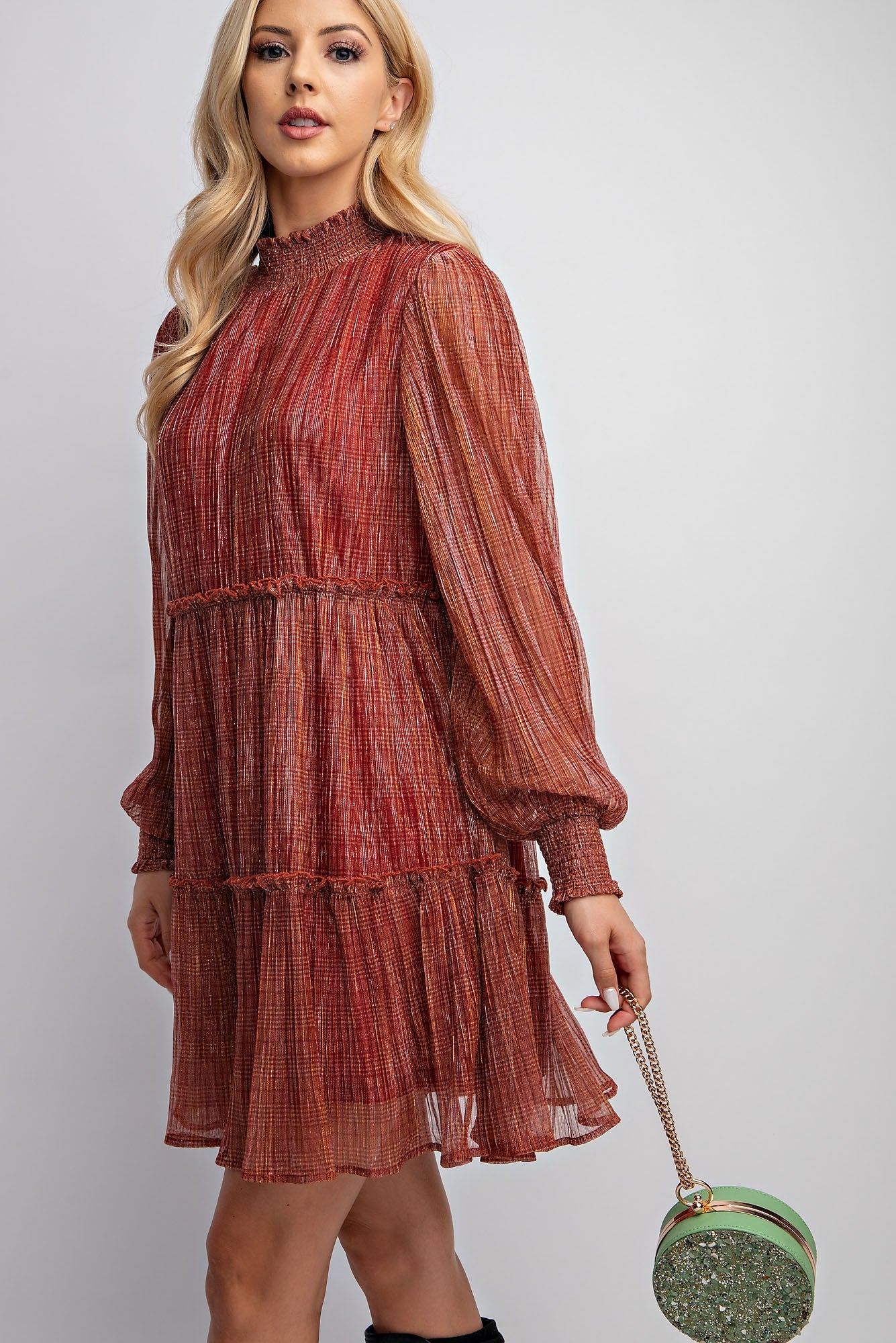 Easel Lurex Chiffon Pleated Dress in Ruby FINAL SALE June Adel