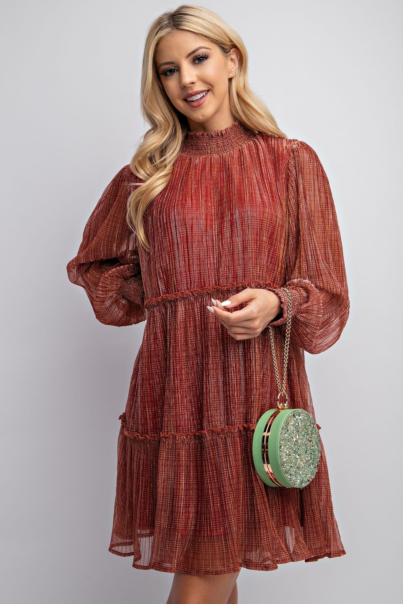 Easel Lurex Chiffon Pleated Dress in Ruby FINAL SALE June Adel