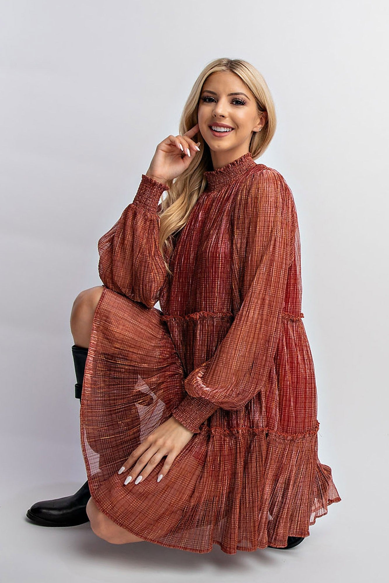 Easel Lurex Chiffon Pleated Dress in Ruby June Adel