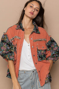 POL Oversized  Button Down Jacket with Jacquard Print Details in Dried Carrot Multi Shirts & Tops POL Clothing   