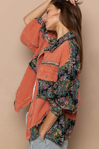 POL Oversized  Button Down Jacket with Jacquard Print Details in Dried Carrot Multi Shirts & Tops POL Clothing   