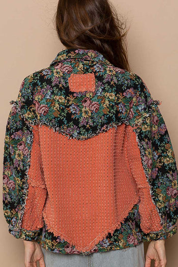 POL Oversized  Button Down Jacket with Jacquard Print Details in Dried Carrot Multi Shirts & Tops POL Clothing   
