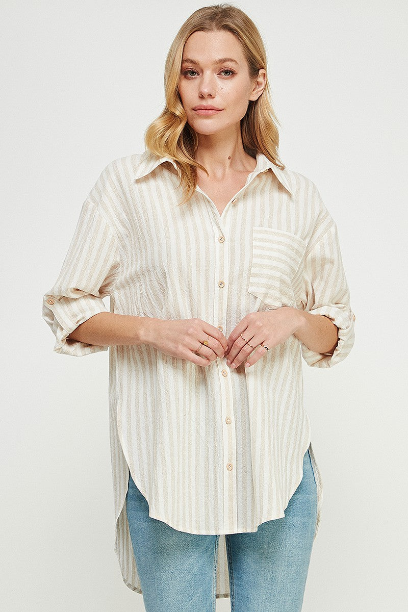 Allie Rose Breezy Linen Boyfriend Shirt in Natural Stripe – June Adel
