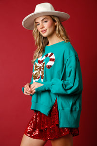 Fantastic Fawn Sequin Candy Cane French Terry Sweatshirt in Green Shirts & Tops Fantastic Fawn   