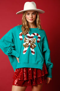 Fantastic Fawn Sequin Candy Cane French Terry Sweatshirt in Green Shirts & Tops Fantastic Fawn   