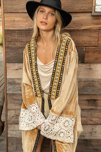 POL Long Velvet Cardigan with Contrasting Details in Gold Bronze Cardigan POL Clothing   
