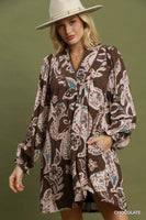 Umgee Paisley Floral V-Neck Babydoll Dress in Chocolate