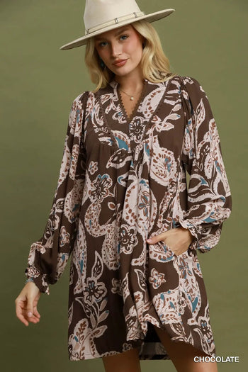 Umgee Paisley Floral V-Neck Babydoll Dress in Chocolate